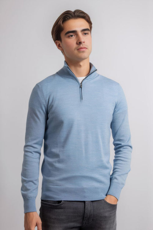 Suitable merino halve rits trui lichtblauw | Slim-fit