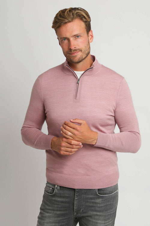 Suitable merino halve rits trui roze | Slim-fit