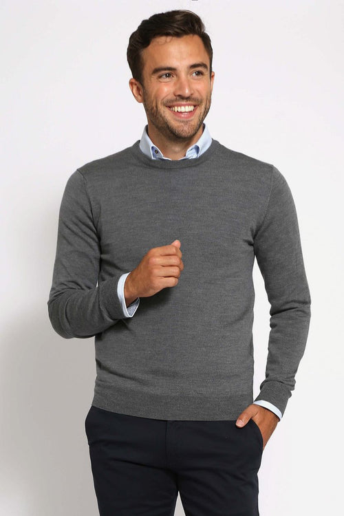 Suitable merino pullover ronde hals antraciet
