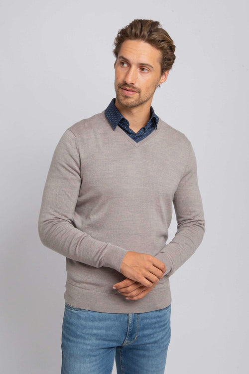 Suitable merino pullover v-hals greige | Slim-fit