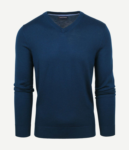 Suitable merino pullover v-hals indigo blauw | Slim-fit