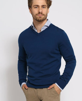 Suitable merino pullover v-hals indigo blauw | Slim-fit