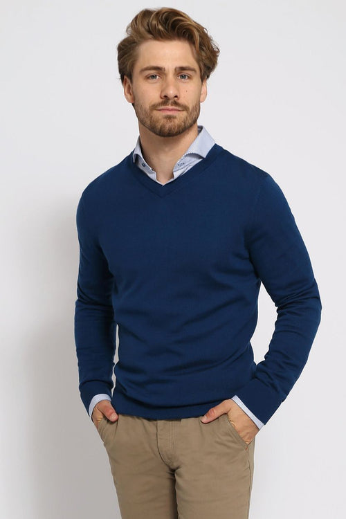 Suitable merino pullover v-hals indigo blauw | Slim-fit