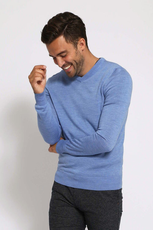 Suitable merino pullover v-hals lichtblauw | Slim-fit