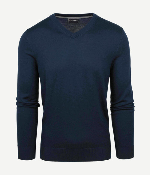 Suitable merino pullover v-hals donkerblauw | Slim-fit