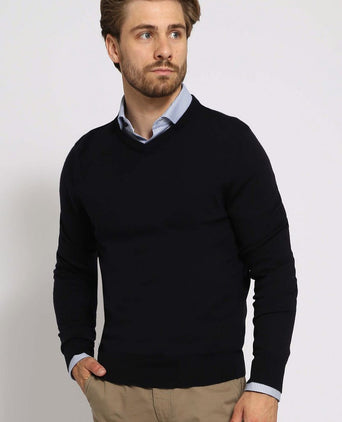 Suitable merino pullover v-hals donkerblauw | Slim-fit