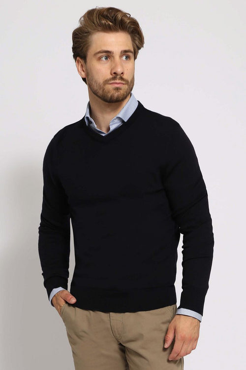 Suitable merino pullover v-hals donkerblauw | Slim-fit