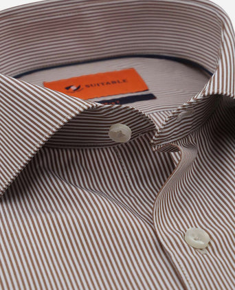 Suitable twill overhemd extra lange mouw streep bruin | Slim-fit