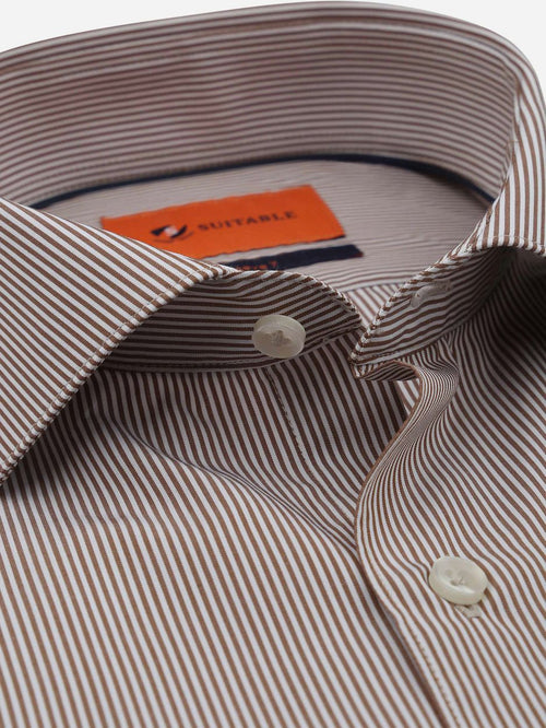 Suitable twill overhemd extra lange mouw streep bruin | Slim-fit