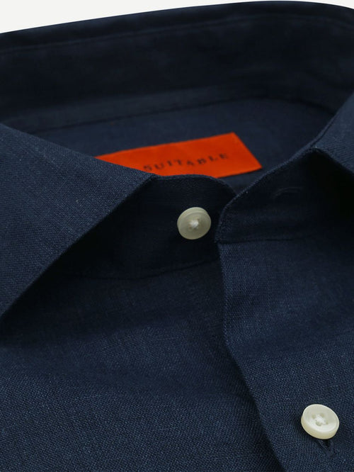 Suitable overhemd linnen donkerblauw