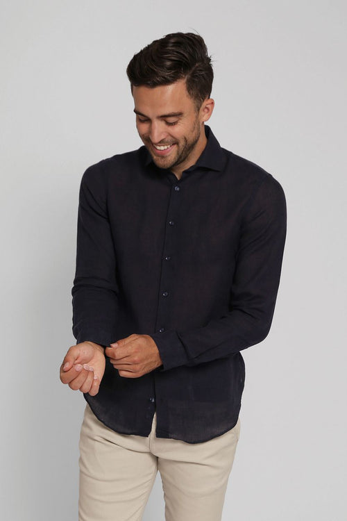 Suitable overhemd linnen donkerblauw | Slim-fit
