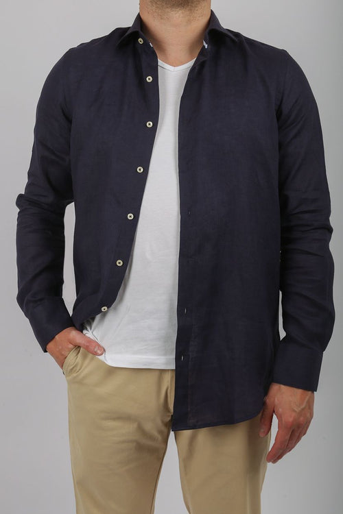 Suitable overhemd linnen donkerblauw | Slim-fit