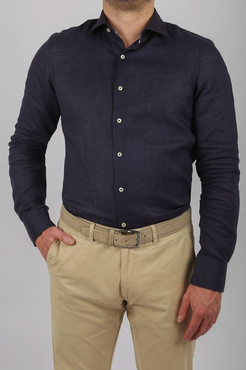 Suitable overhemd linnen donkerblauw | Slim-fit