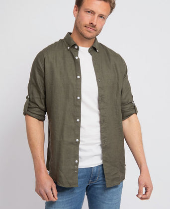 Suitable overhemd linnen olijfgroen