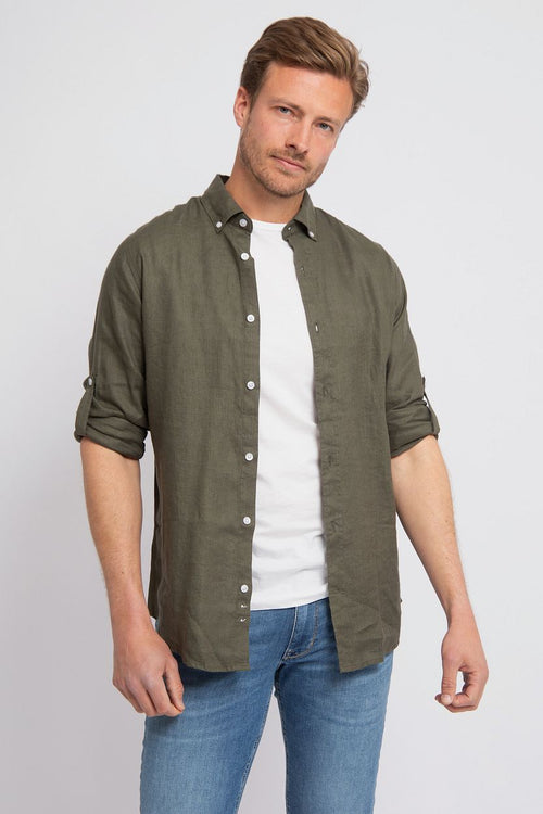 Suitable overhemd linnen olijfgroen