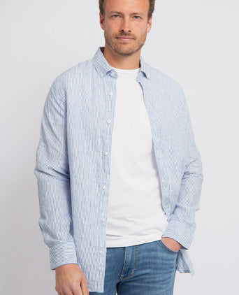 Suitable overhemd linnen streep lichtblauw