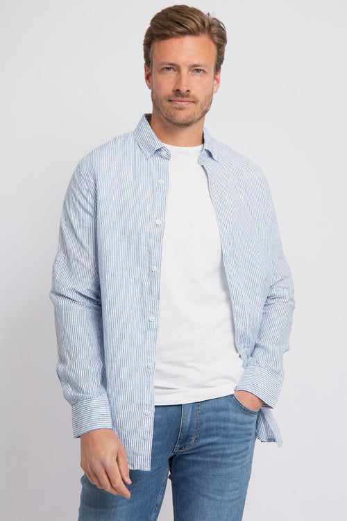 Suitable overhemd linnen streep lichtblauw