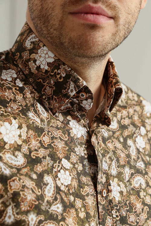 Suitable overhemd paisley groen beige | Slim-fit