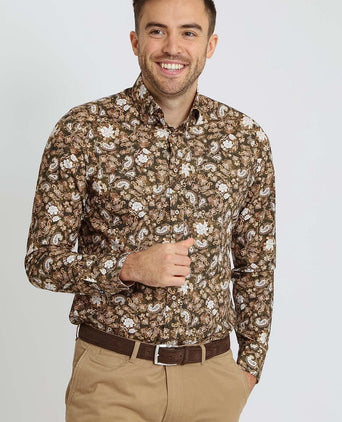 Suitable overhemd paisley groen beige | Slim-fit