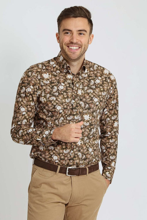 Suitable overhemd paisley groen beige | Slim-fit