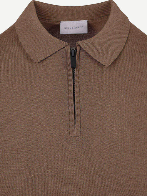 Knitted halve rits polo dan tabacco
