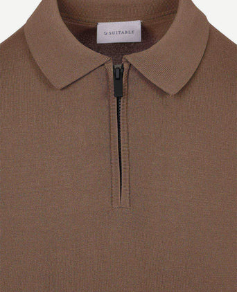 Knitted halve rits polo dan tabacco