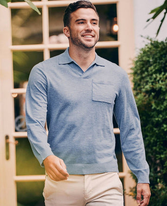 Longsleeve knitted poloshirt riva pocket lichtblauw