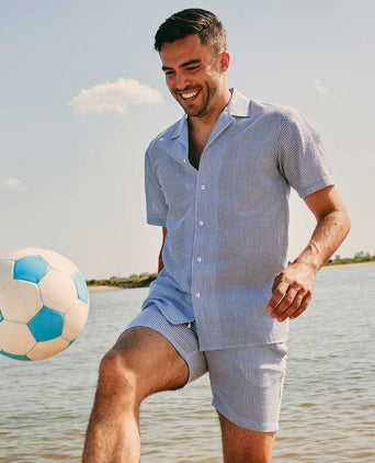 Suitable short sleeve overhemd stripe seersucker lichtblauw | Regular-fit