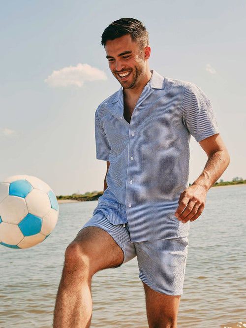 Suitable short sleeve overhemd stripe seersucker lichtblauw | Regular-fit