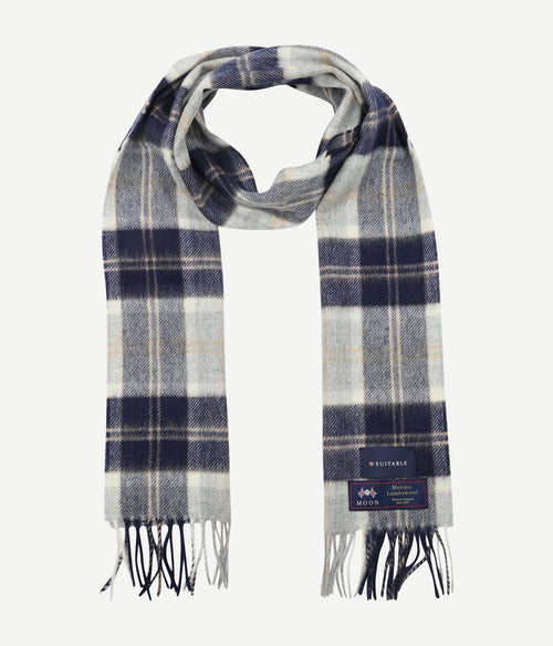 Suitable sjaal ruit merino wol blauw grijs