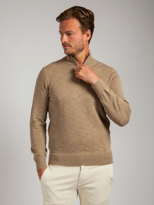 Suitable slub yarn halve rits trui beige | Slim-fit