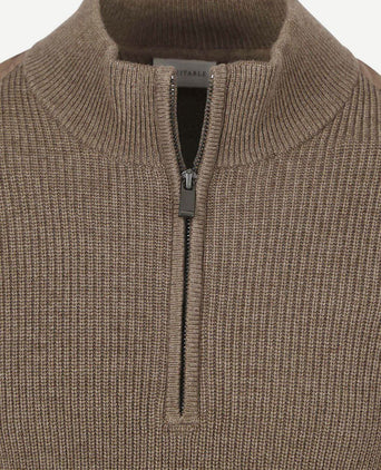 Suitable halve rits trui patch taupe | Slim-fit