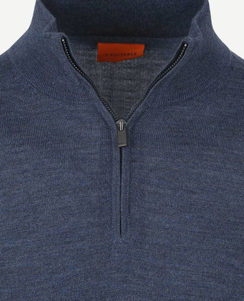 Merino halve rits trui denim blauw