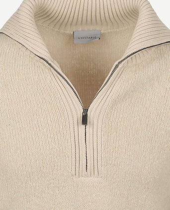 Deep zip pullover boiled wool ecru