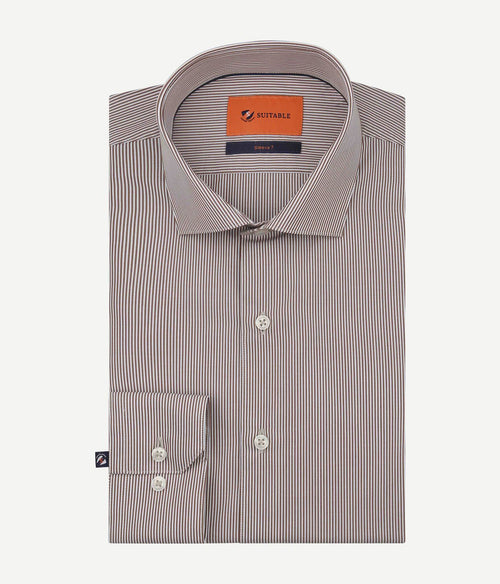 Suitable twill overhemd extra lange mouw streep bruin | Slim-fit