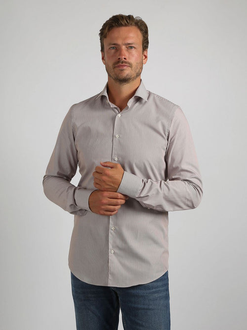 Suitable twill overhemd extra lange mouw streep bruin | Slim-fit