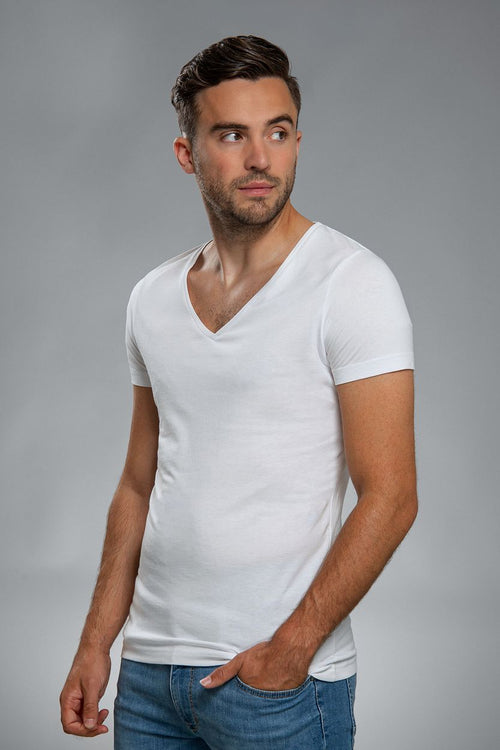 Suitable vibamboru t-shirt diepe v-hals wit (2-pack) | Slim-fit