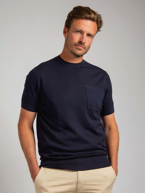 Knitted t-shirt pocket compact donkerblauw