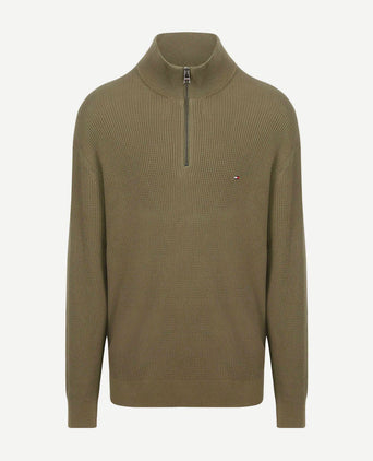 Tommy Hilfiger big&tall halve rits kabel pullover olijfgroen | Regular-fit