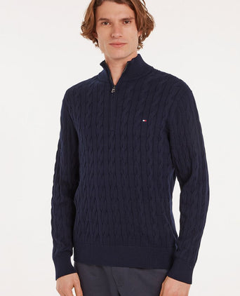 Tommy Hilfiger halve rits pullover cable donkerblauw | Regular-fit
