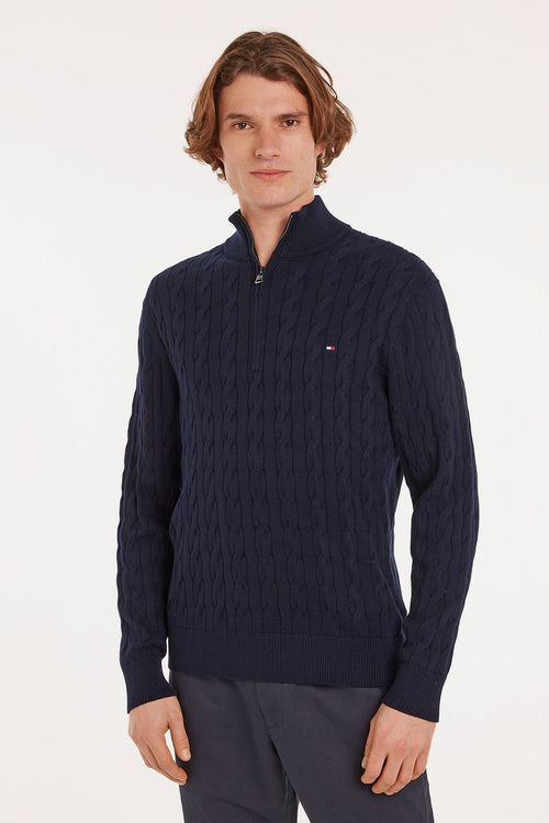 Tommy Hilfiger halve rits pullover cable donkerblauw | Regular-fit