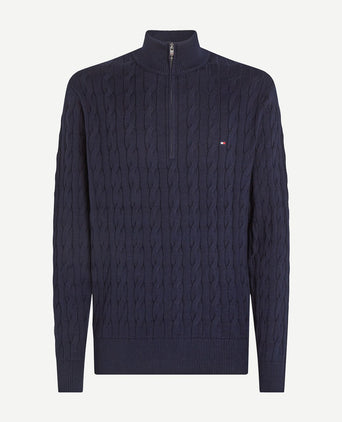 Tommy Hilfiger halve rits pullover cable donkerblauw | Regular-fit