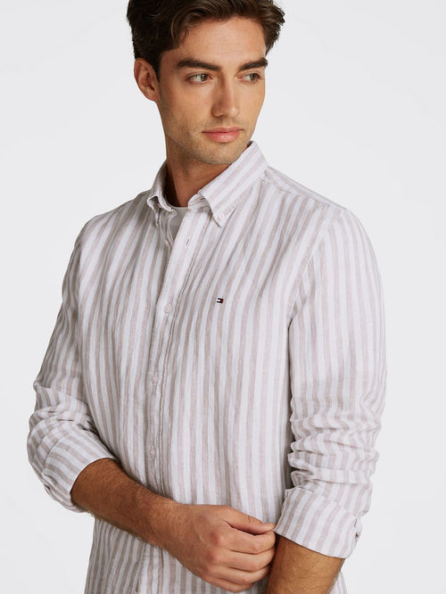 Overhemd linnen streep beige