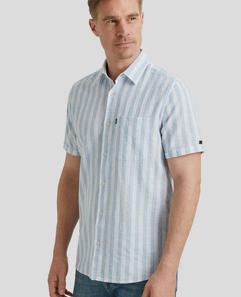 Vanguard short sleeve overhemd linnen streep lichtblauw | Regular-fit