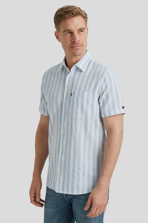 Vanguard short sleeve overhemd linnen streep lichtblauw | Regular-fit