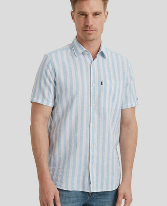 Vanguard short sleeve overhemd linnen streep lichtblauw | Regular-fit
