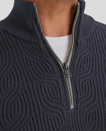 Trui halve rits structuur wolmix donkerblauw