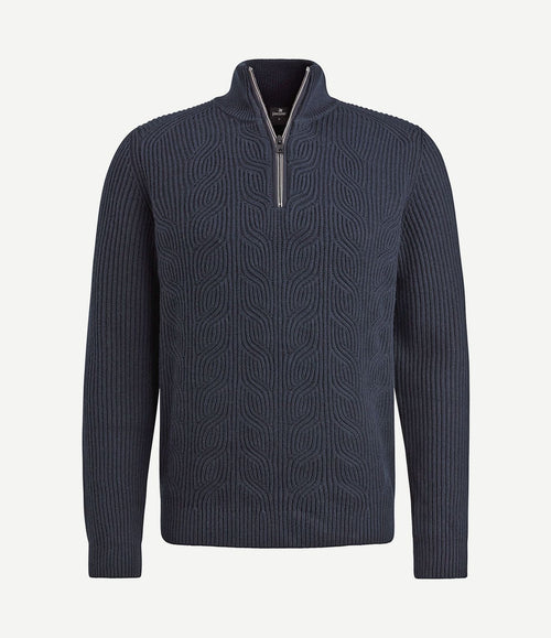 Trui halve rits structuur wolmix donkerblauw