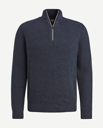 Trui halve rits structuur wolmix donkerblauw