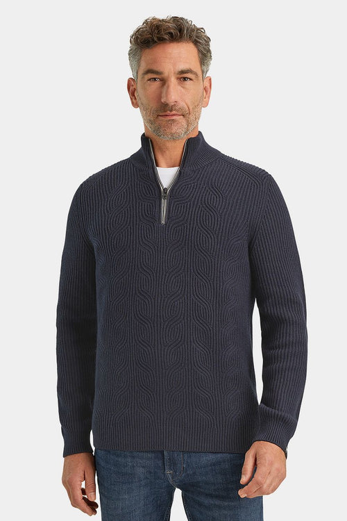 Trui halve rits structuur wolmix donkerblauw